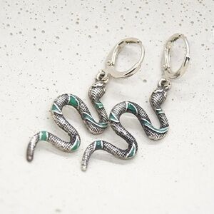 Green Silver Snake Earrings